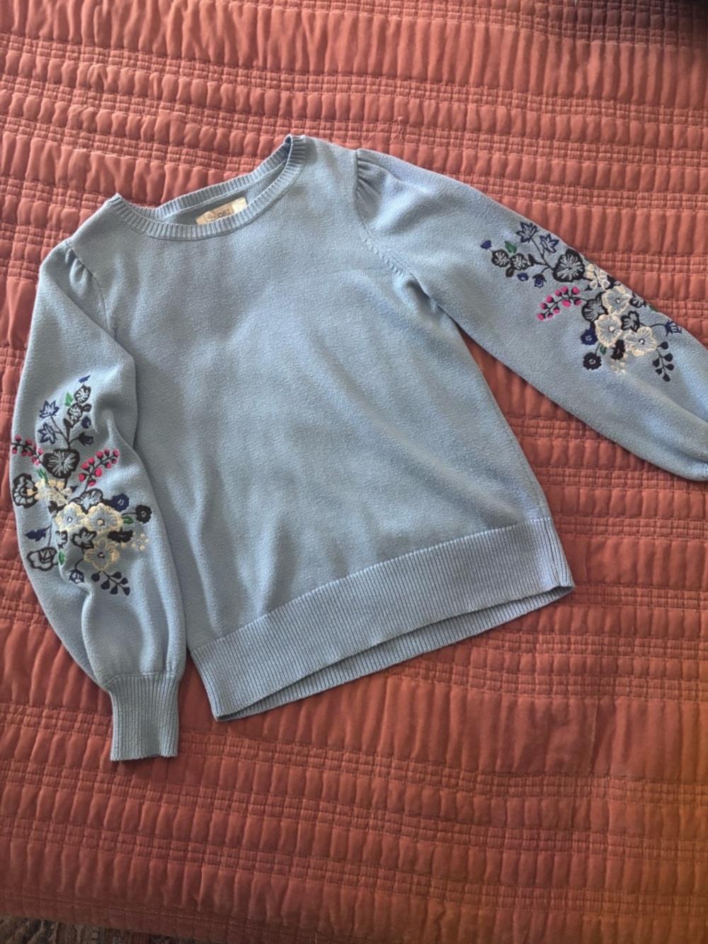 LOFT Light Blue Crewneck Sweater with Embroidered Floral Sleeves